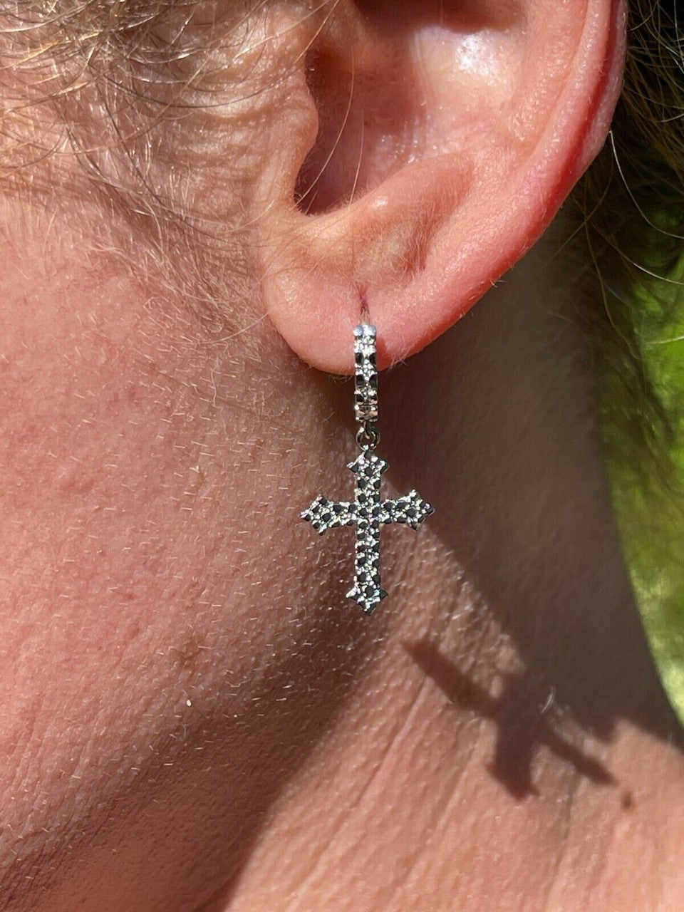 HarlemBling Real Solid 925 Sterling Silver Men Ladies Nugget Cross Huggie Hoop Drop Earrings