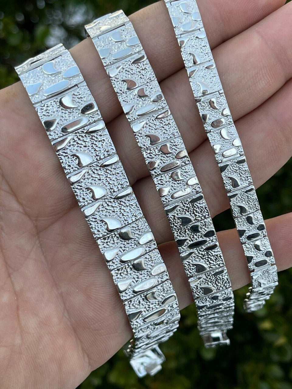 HarlemBling Real Solid 925 Sterling Silver Mens Nugget Bracelet Heavy Hip Hop 8mm 12mm 16mm