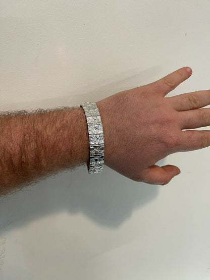 HarlemBling Real Solid 925 Sterling Silver Mens Nugget Bracelet Heavy Hip Hop 8mm 12mm 16mm