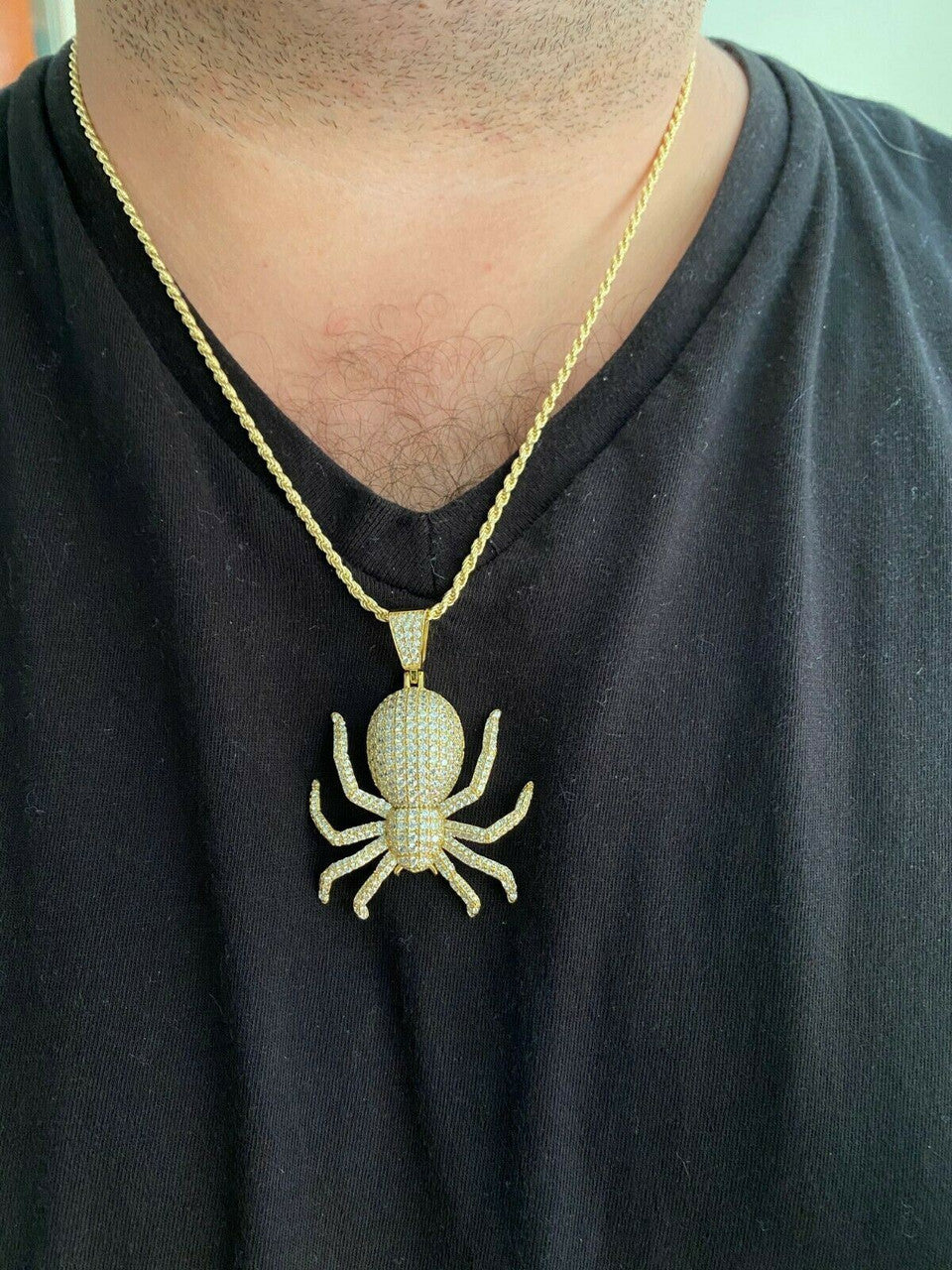 HarlemBling REAL Solid 925 Sterling Silver Spider Pendant Necklace Iced Gold HipHop Big 1.5