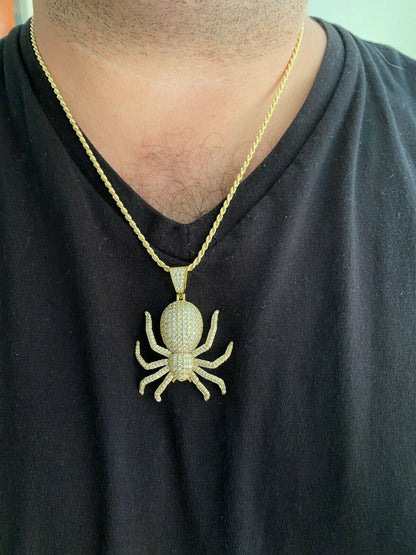 HarlemBling REAL Solid 925 Sterling Silver Spider Pendant Necklace Iced Gold HipHop Big 1.5