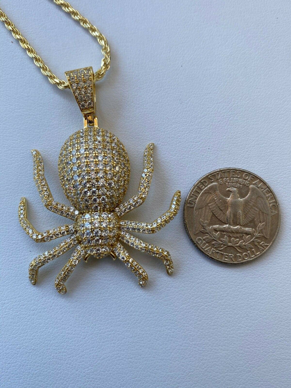 HarlemBling REAL Solid 925 Sterling Silver Spider Pendant Necklace Iced Gold HipHop Big 1.5