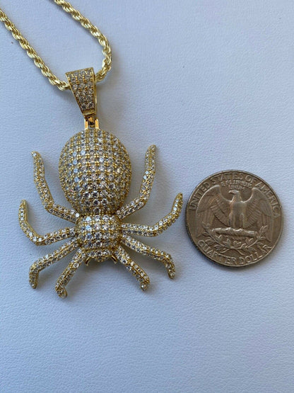 HarlemBling REAL Solid 925 Sterling Silver Spider Pendant Necklace Iced Gold HipHop Big 1.5