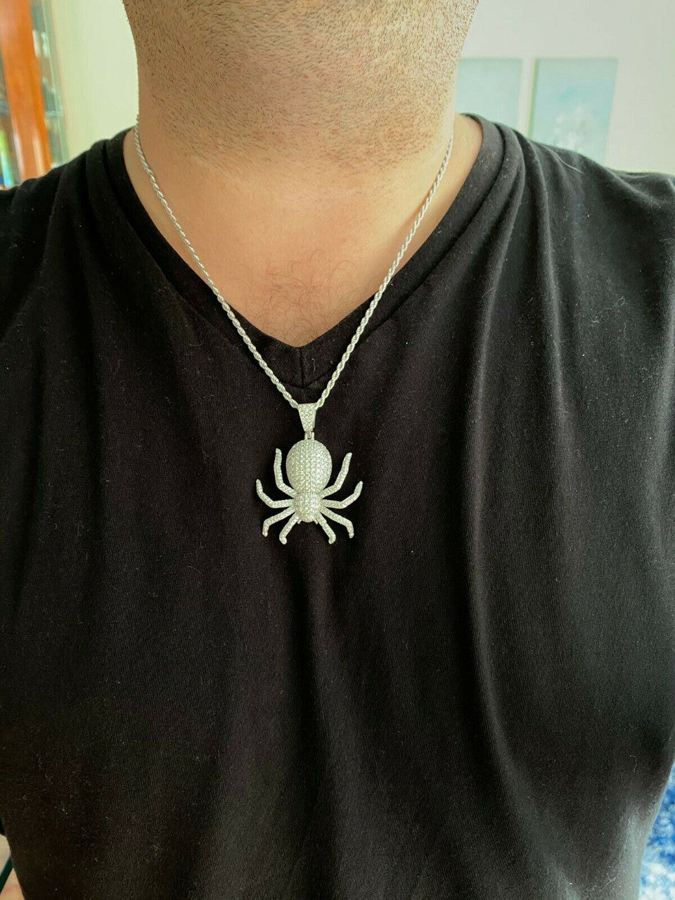 HarlemBling REAL Solid 925 Sterling Silver Spider Pendant Necklace Iced Gold HipHop Big 1.5