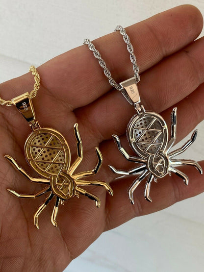 HarlemBling REAL Solid 925 Sterling Silver Spider Pendant Necklace Iced Gold HipHop Big 1.5
