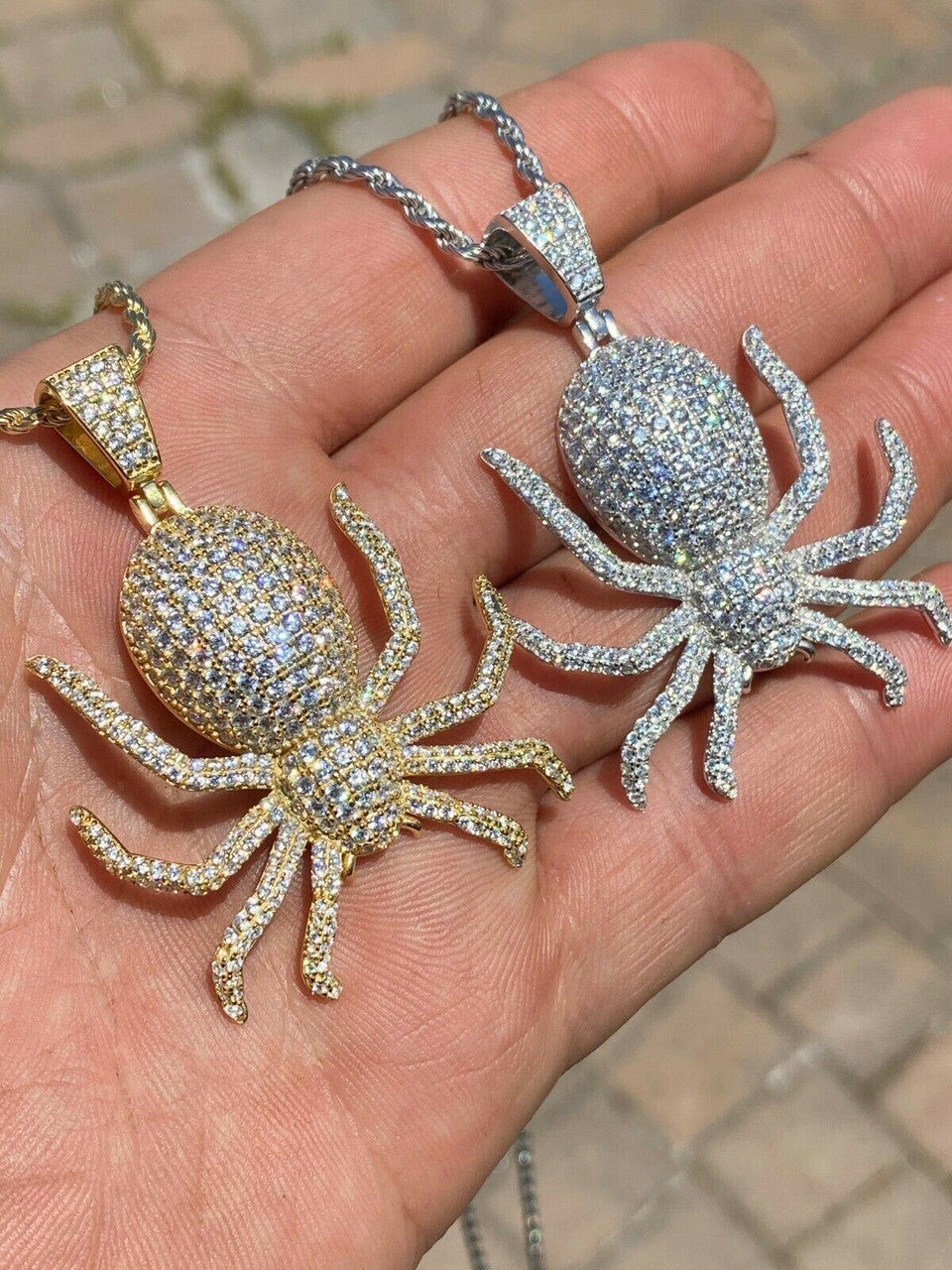 HarlemBling REAL Solid 925 Sterling Silver Spider Pendant Necklace Iced Gold HipHop Big 1.5