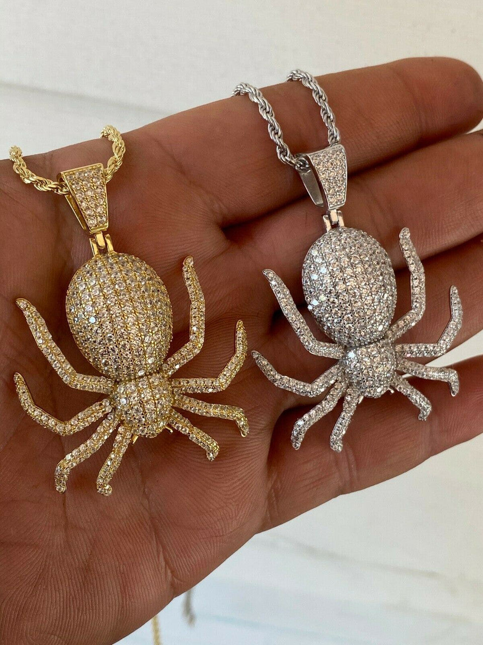 HarlemBling REAL Solid 925 Sterling Silver Spider Pendant Necklace Iced Gold HipHop Big 1.5