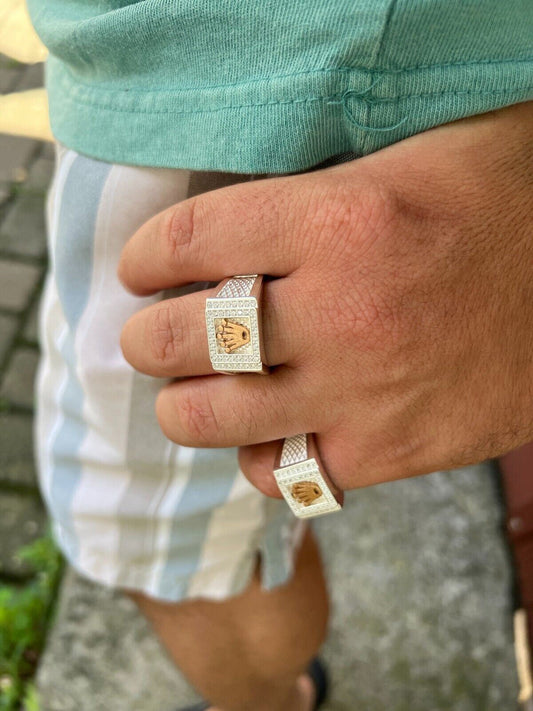 HarlemBling Real Solid 925 Sterling Silver W 14k Rose Gold Iced Out Crown Diamond Pinky Ring Hip Hop