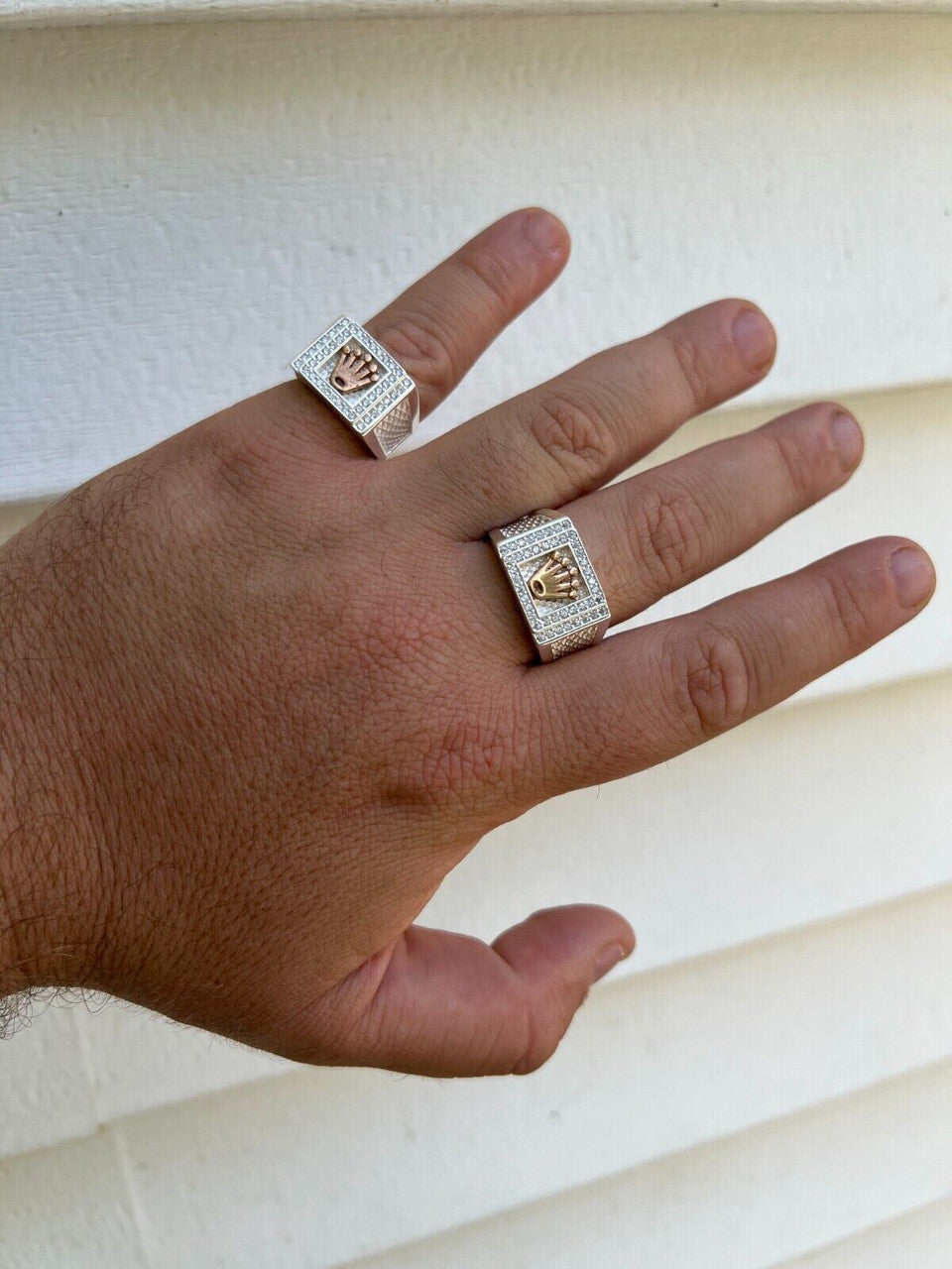 HarlemBling Real Solid 925 Sterling Silver W 14k Rose Gold Iced Out Crown Diamond Pinky Ring Hip Hop