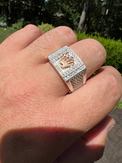 HarlemBling Real Solid 925 Sterling Silver W 14k Rose Gold Iced Out Crown Diamond Pinky Ring Hip Hop