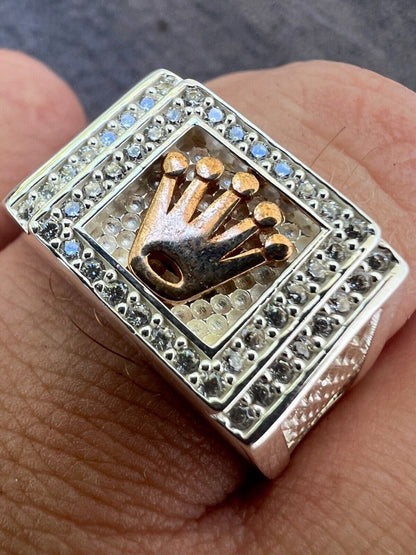 HarlemBling Real Solid 925 Sterling Silver W 14k Rose Gold Iced Out Crown Diamond Pinky Ring Hip Hop