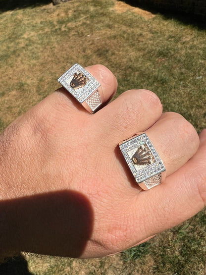 HarlemBling Real Solid 925 Sterling Silver W 14k Rose Gold Iced Out Crown Diamond Pinky Ring Hip Hop