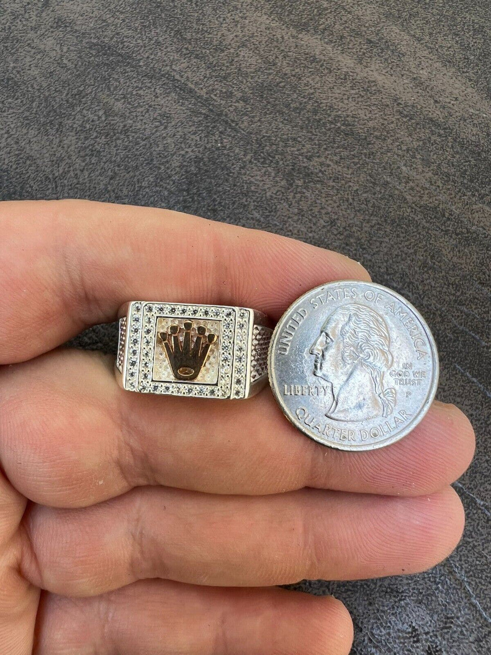 HarlemBling Real Solid 925 Sterling Silver W 14k Rose Gold Iced Out Crown Diamond Pinky Ring Hip Hop