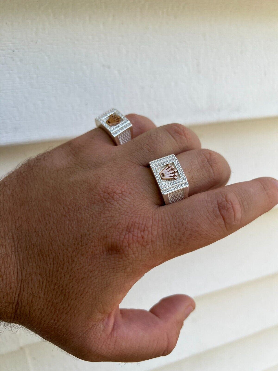 HarlemBling Real Solid 925 Sterling Silver W 14k Rose Gold Iced Out Crown Diamond Pinky Ring Hip Hop