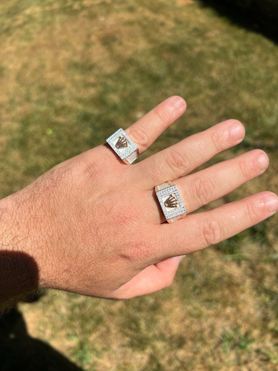 HarlemBling Real Solid 925 Sterling Silver W 14k Rose Gold Iced Out Crown Diamond Pinky Ring Hip Hop