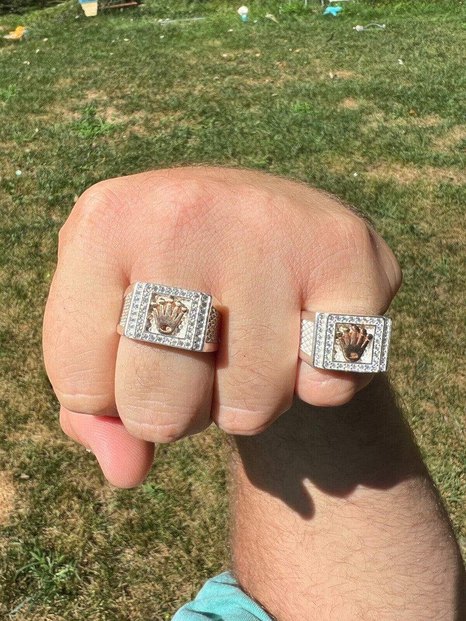 HarlemBling Real Solid 925 Sterling Silver W 14k Rose Gold Iced Out Crown Diamond Pinky Ring Hip Hop