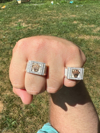 HarlemBling Real Solid 925 Sterling Silver W 14k Rose Gold Iced Out Crown Diamond Pinky Ring Hip Hop