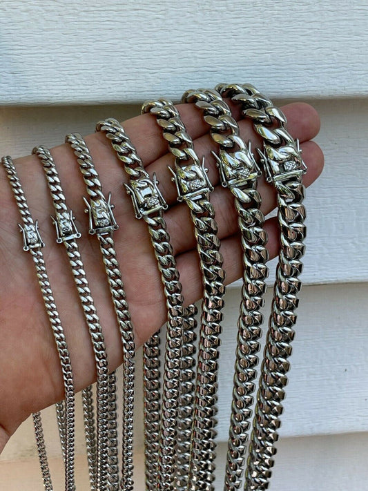 HarlemBling Real Solid Miami Cuban Link Chain Necklace Or Bracelet Box Clasp Stainless Steel