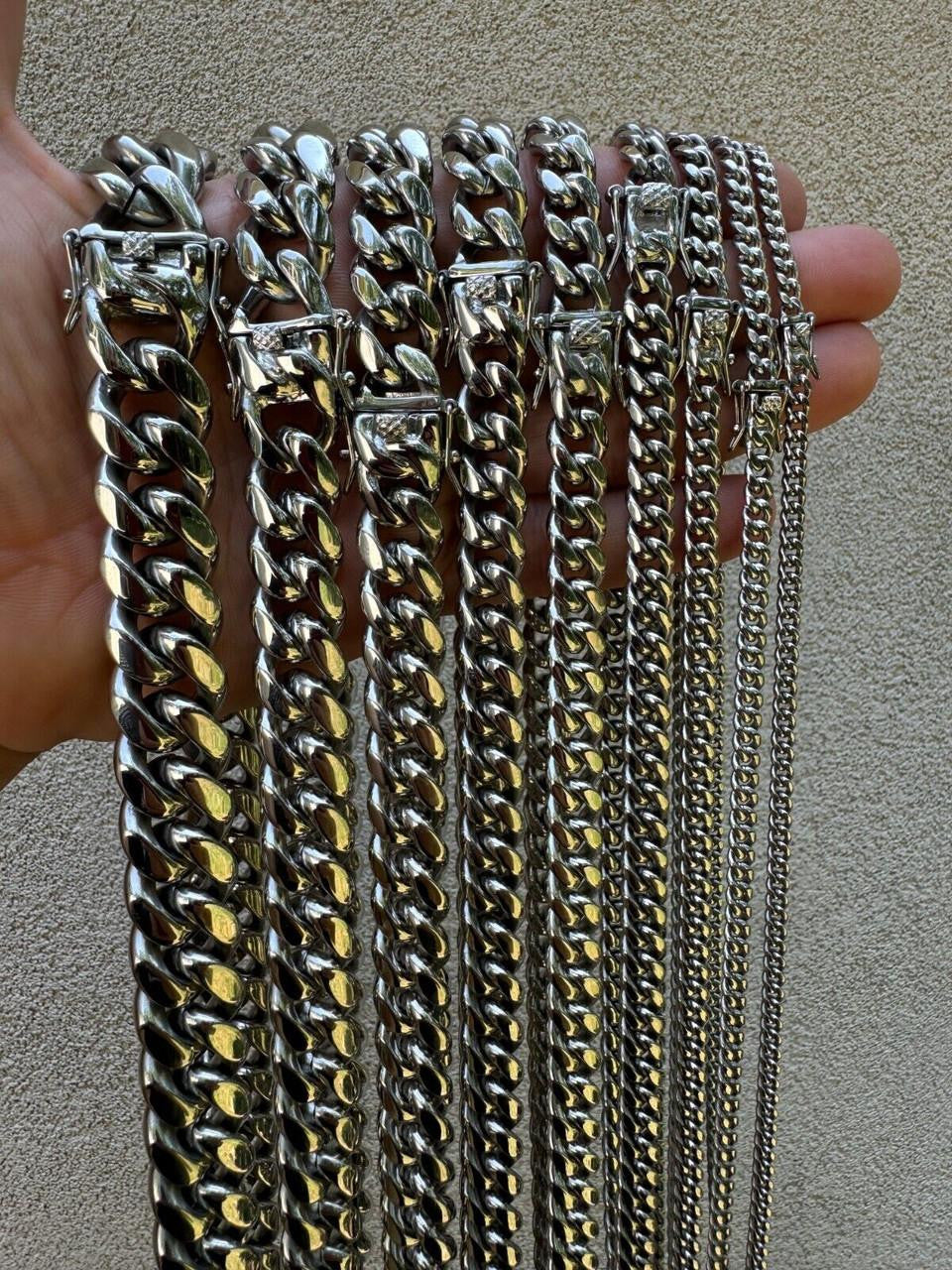 HarlemBling Real Solid Stainless Steel Miami Cuban Link Chain Necklace Box Clasp 4-18mm