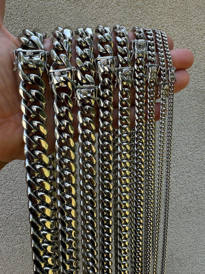 HarlemBling Real Solid Stainless Steel Miami Cuban Link Chain Necklace Box Clasp 4-18mm