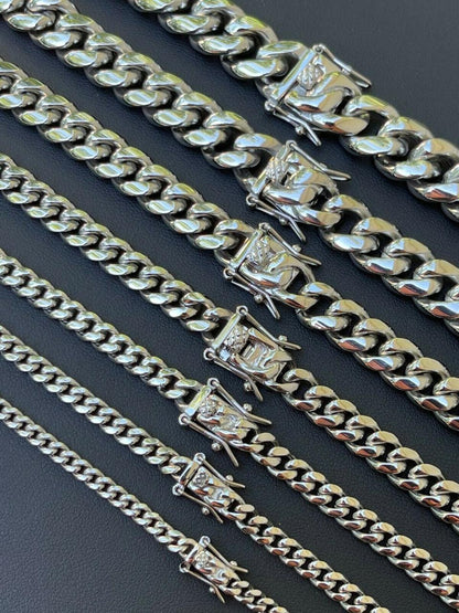 HarlemBling Real Solid Stainless Steel Miami Cuban Link Chain Necklace Box Clasp 4-18mm