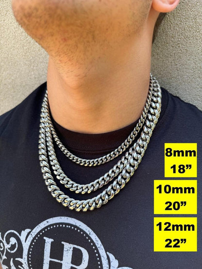 HarlemBling Real Solid Stainless Steel Miami Cuban Link Chain Necklace Box Clasp 4-18mm