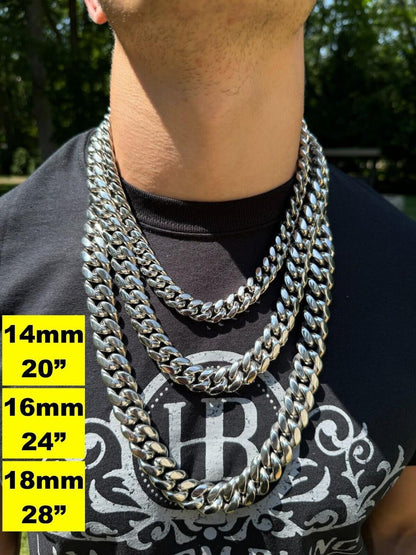 HarlemBling Real Solid Stainless Steel Miami Cuban Link Chain Necklace Box Clasp 4-18mm