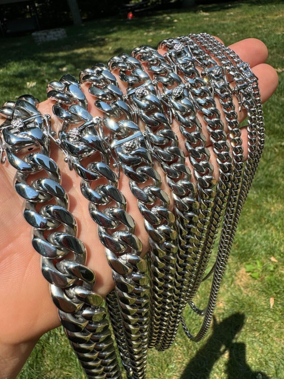 HarlemBling Real Solid Stainless Steel Miami Cuban Link Chain Necklace Box Clasp 4-18mm