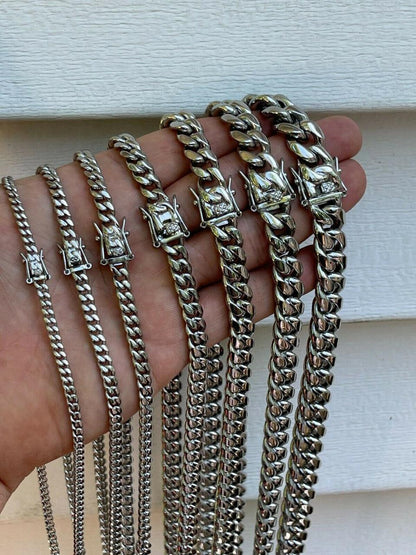 HarlemBling Real Solid Stainless Steel Miami Cuban Link Chain Necklace Box Clasp 4-18mm