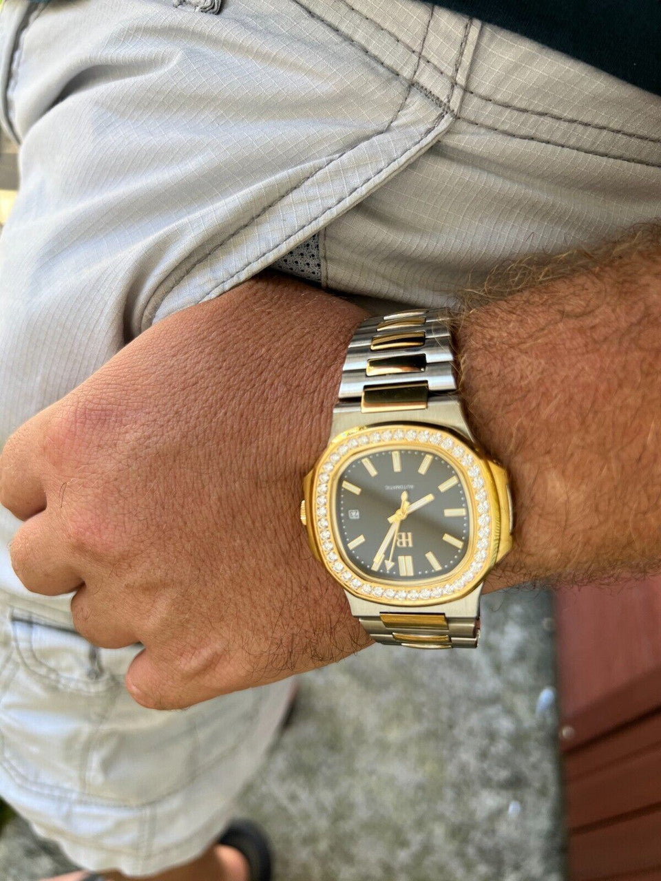 HarlemBling Real Stainless and 14k Gold Iced 2ct Moissanite Watch Black Face Pass Diamond Test