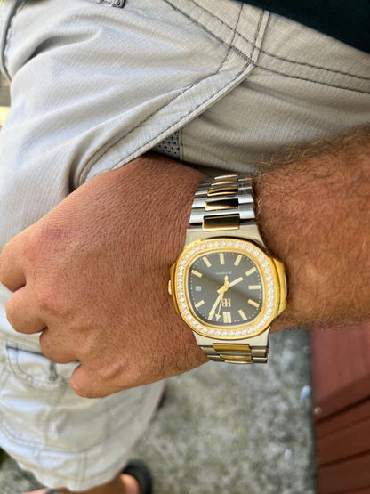 HarlemBling Real Stainless and 14k Gold Iced 2ct Moissanite Watch Black Face Pass Diamond Test