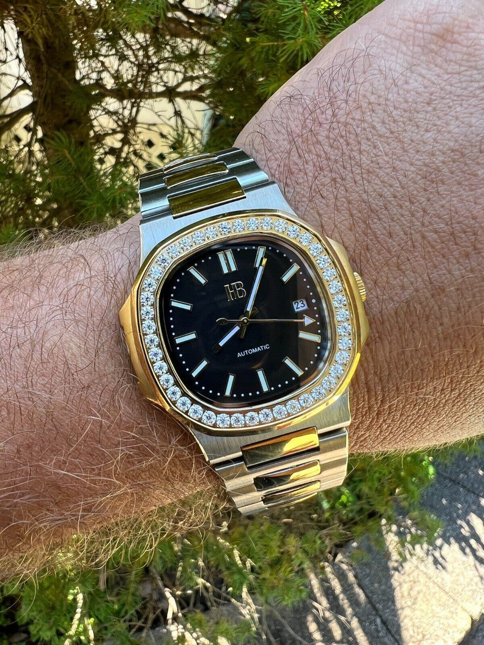 HarlemBling Real Stainless and 14k Gold Iced 2ct Moissanite Watch Black Face Pass Diamond Test