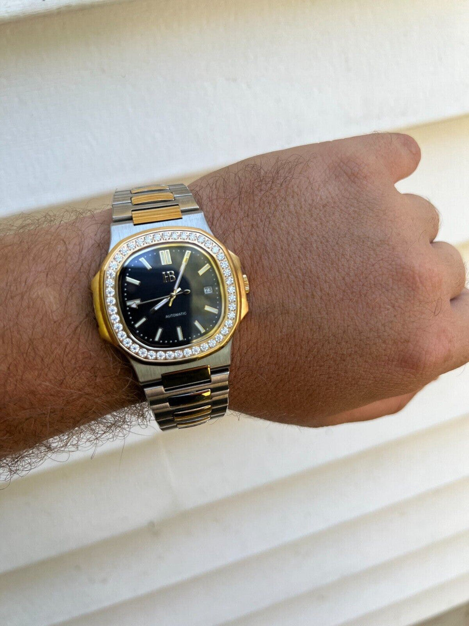HarlemBling Real Stainless and 14k Gold Iced 2ct Moissanite Watch Black Face Pass Diamond Test