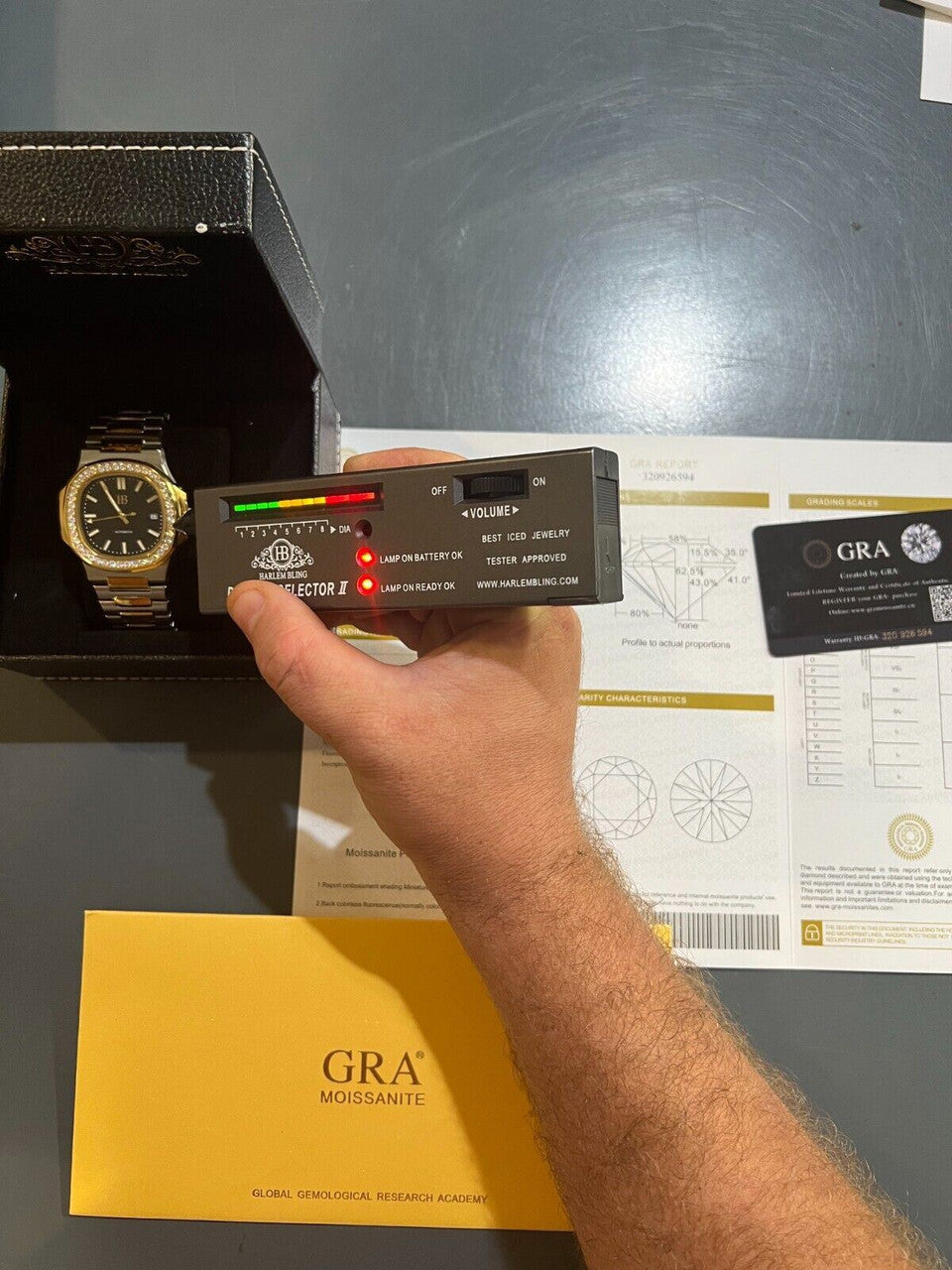 HarlemBling Real Stainless and 14k Gold Iced 2ct Moissanite Watch Black Face Pass Diamond Test