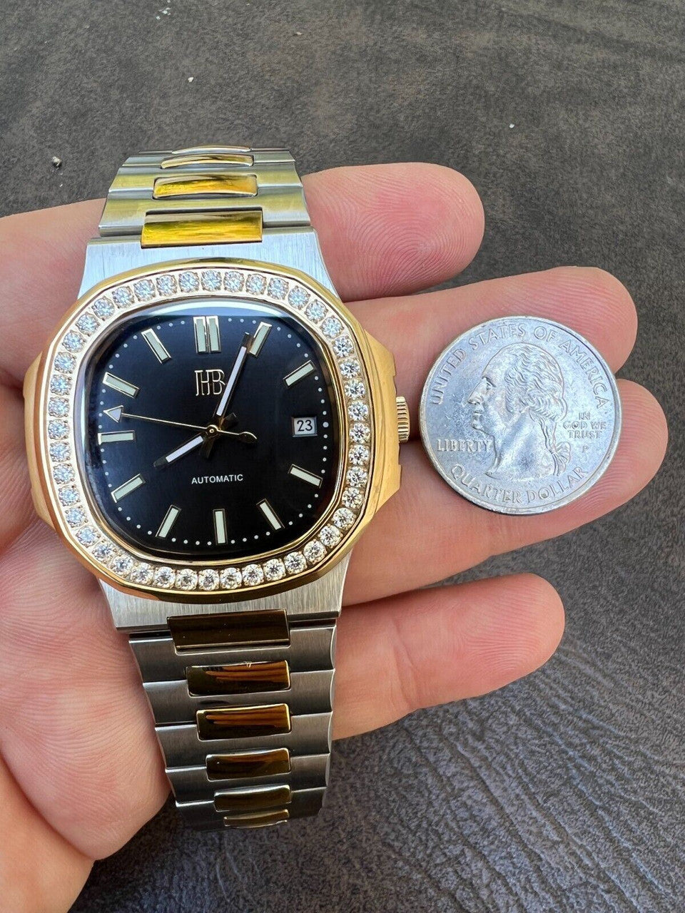 HarlemBling Real Stainless and 14k Gold Iced 2ct Moissanite Watch Black Face Pass Diamond Test