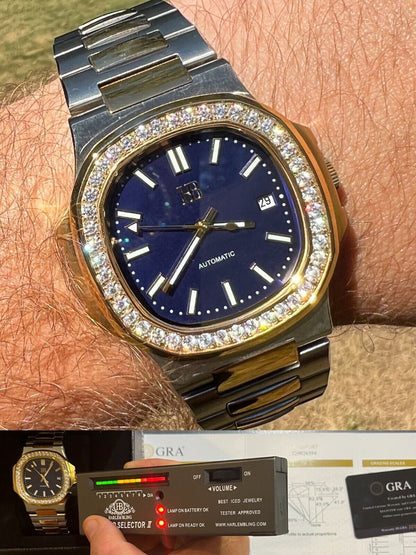 HarlemBling Real Stainless and 14k Gold Iced 2ct Moissanite Watch Blue Face Pass Diamond Test