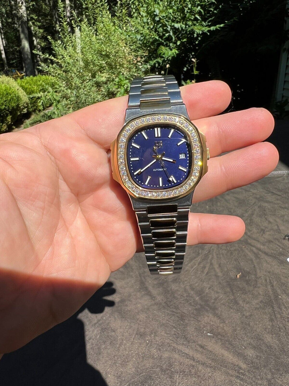 HarlemBling Real Stainless and 14k Gold Iced 2ct Moissanite Watch Blue Face Pass Diamond Test