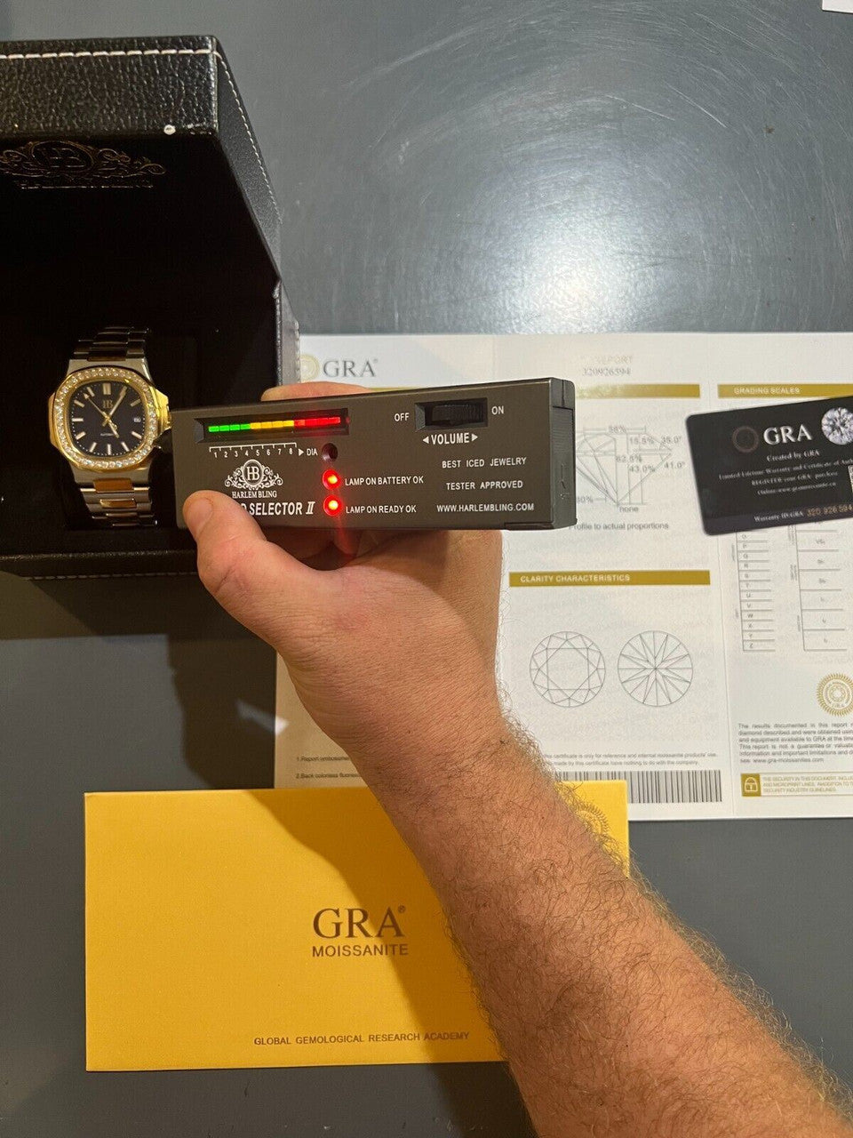 HarlemBling Real Stainless and 14k Gold Iced 2ct Moissanite Watch Blue Face Pass Diamond Test