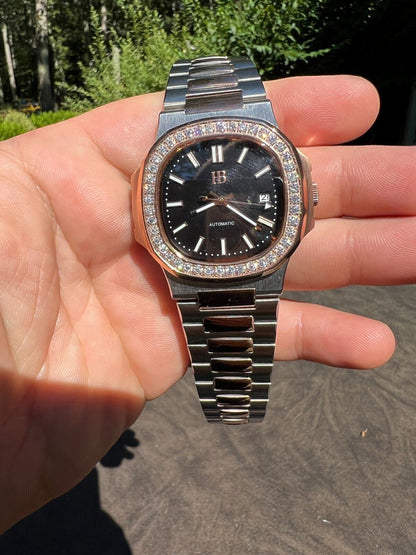 HarlemBling Real Stainless and 14k Rose Gold Iced 2ct Moissanite Plain Watch Pass Diamond Test