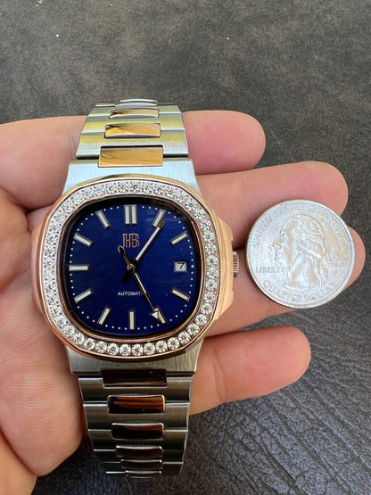 HarlemBling Real Stainless and 14k Rose Gold Iced 2ct Moissanite Plain Watch - Skeleton Back