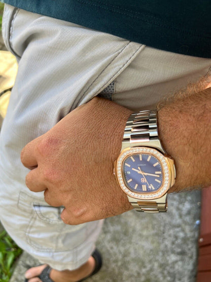 HarlemBling Real Stainless and 14k Rose Gold Iced 2ct Moissanite Plain Watch - Skeleton Back