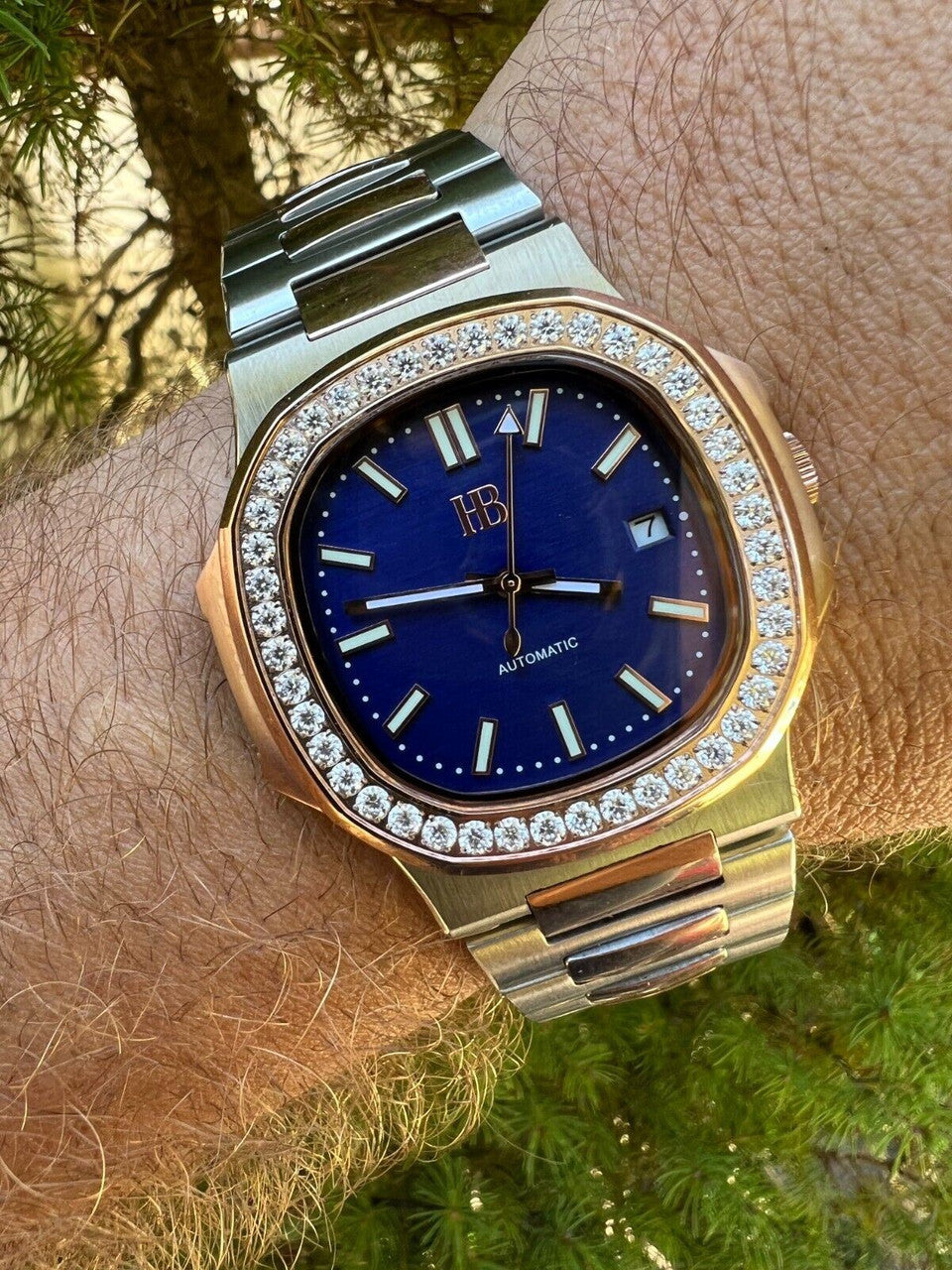 HarlemBling Real Stainless and 14k Rose Gold Iced 2ct Moissanite Plain Watch - Skeleton Back