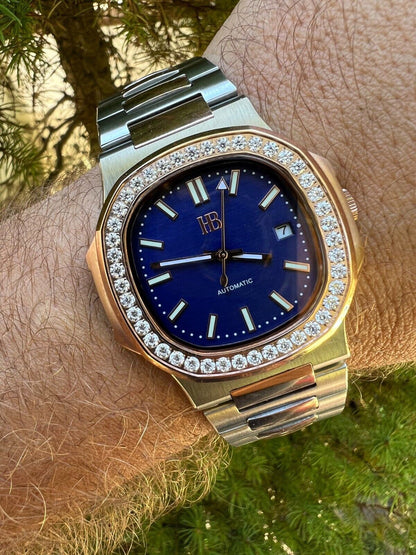 HarlemBling Real Stainless and 14k Rose Gold Iced 2ct Moissanite Plain Watch - Skeleton Back