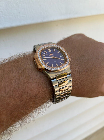 HarlemBling Real Stainless and 14k Rose Gold Iced 2ct Moissanite Plain Watch - Skeleton Back