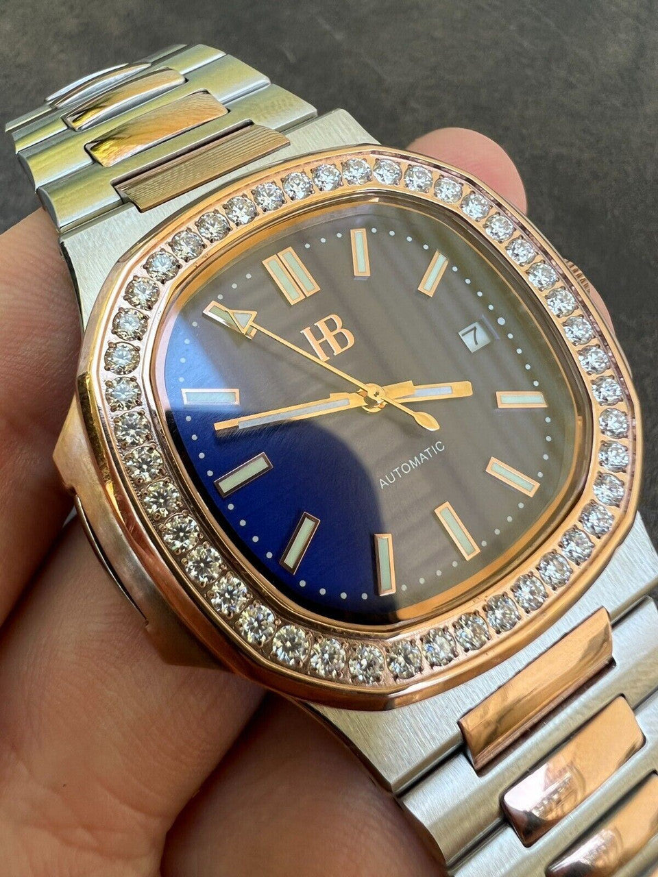 HarlemBling Real Stainless and 14k Rose Gold Iced 2ct Moissanite Plain Watch - Skeleton Back