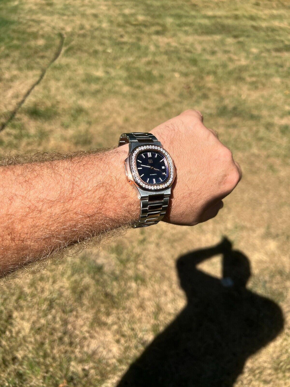 HarlemBling Real Stainless and 14k Rose Gold Iced 2ct Moissanite Plain Watch - Skeleton Back