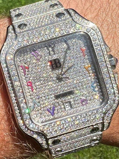 HarlemBling Real Stainless Steel Mens Watch Iced Simulated Diamond Hip Hop Bust Down Arabic