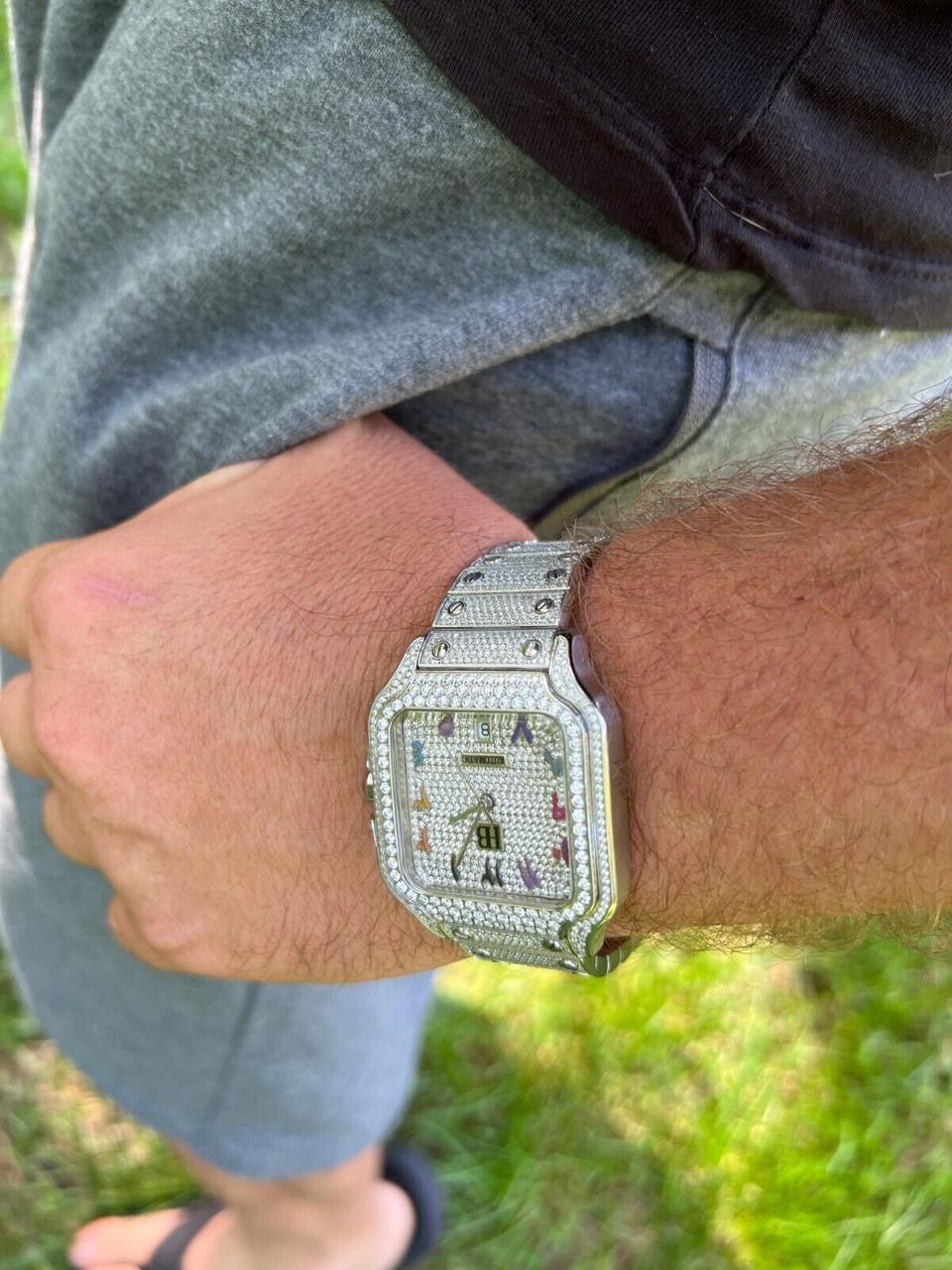 HarlemBling Real Stainless Steel Mens Watch Iced Simulated Diamond Hip Hop Bust Down Arabic
