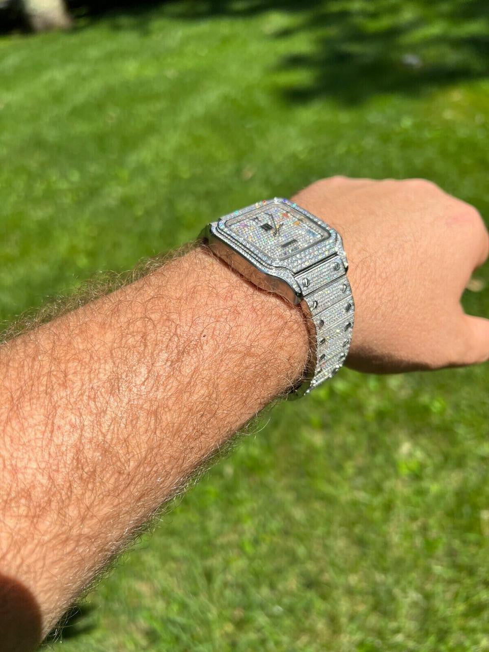 HarlemBling Real Stainless Steel Mens Watch Iced Simulated Diamond Hip Hop Bust Down Arabic