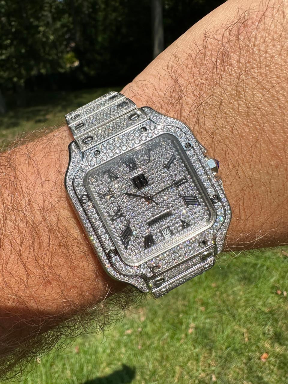 HarlemBling Real Stainless Steel Mens Watch Iced Simulated Diamond Hip Hop Bust Down Square